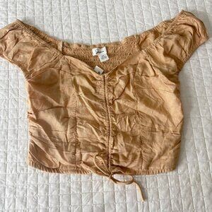 Japna Womens Tan Off-Shoulder Smocked Crop Top M 100% Rayon Made In India